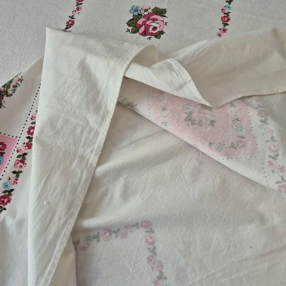 Vintage White Pink Cotton Floral Roses Cottagecore Square Tablecloth 54 x 76 IN